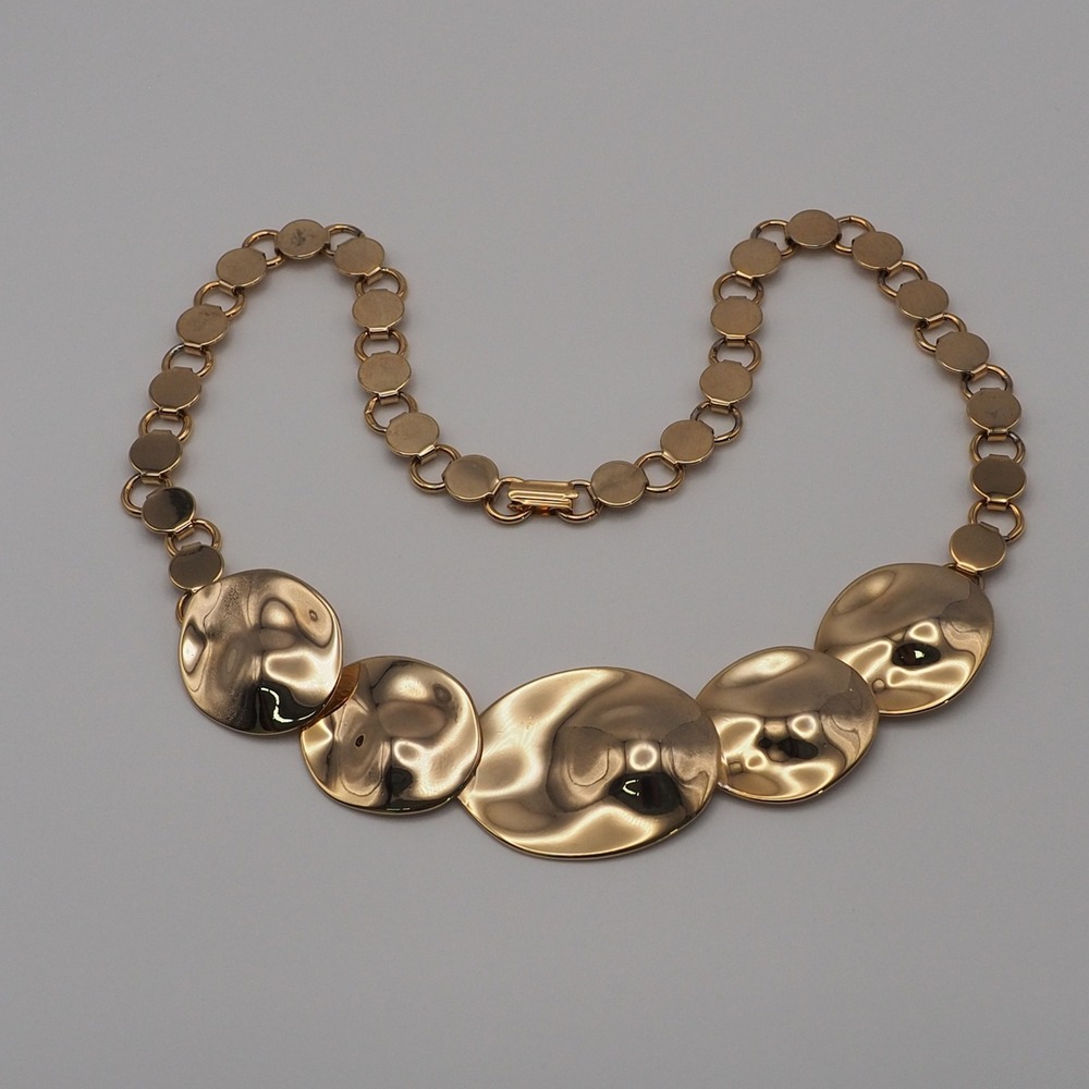 Vintage Necklace Hammered Disc Bib Statement Collar Flat Link Polished Gold Tone